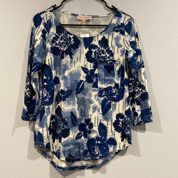Philosophy Blue and White Floral 3/4 Sleeve Length - Size Small - Picture 1 of 8